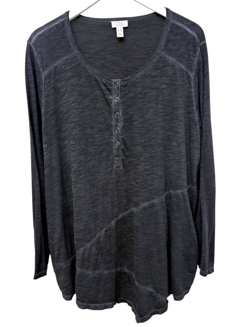 LOGO Lori Goldstein Tunic Tee Plus Size 1X Gray Henley Top Pockets Distressed
